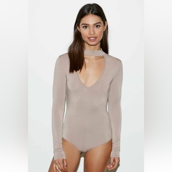 Kendall & Kylie Tan Choker‎ Neck Cutout Long Sleeve Bodysuit S - Picture 1 of 7